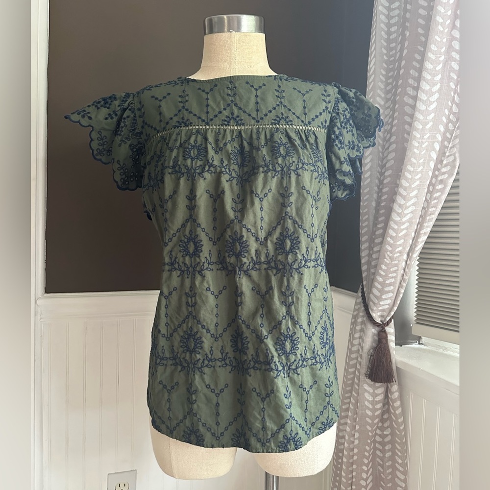 Green Blouse with Navy Embroidery
